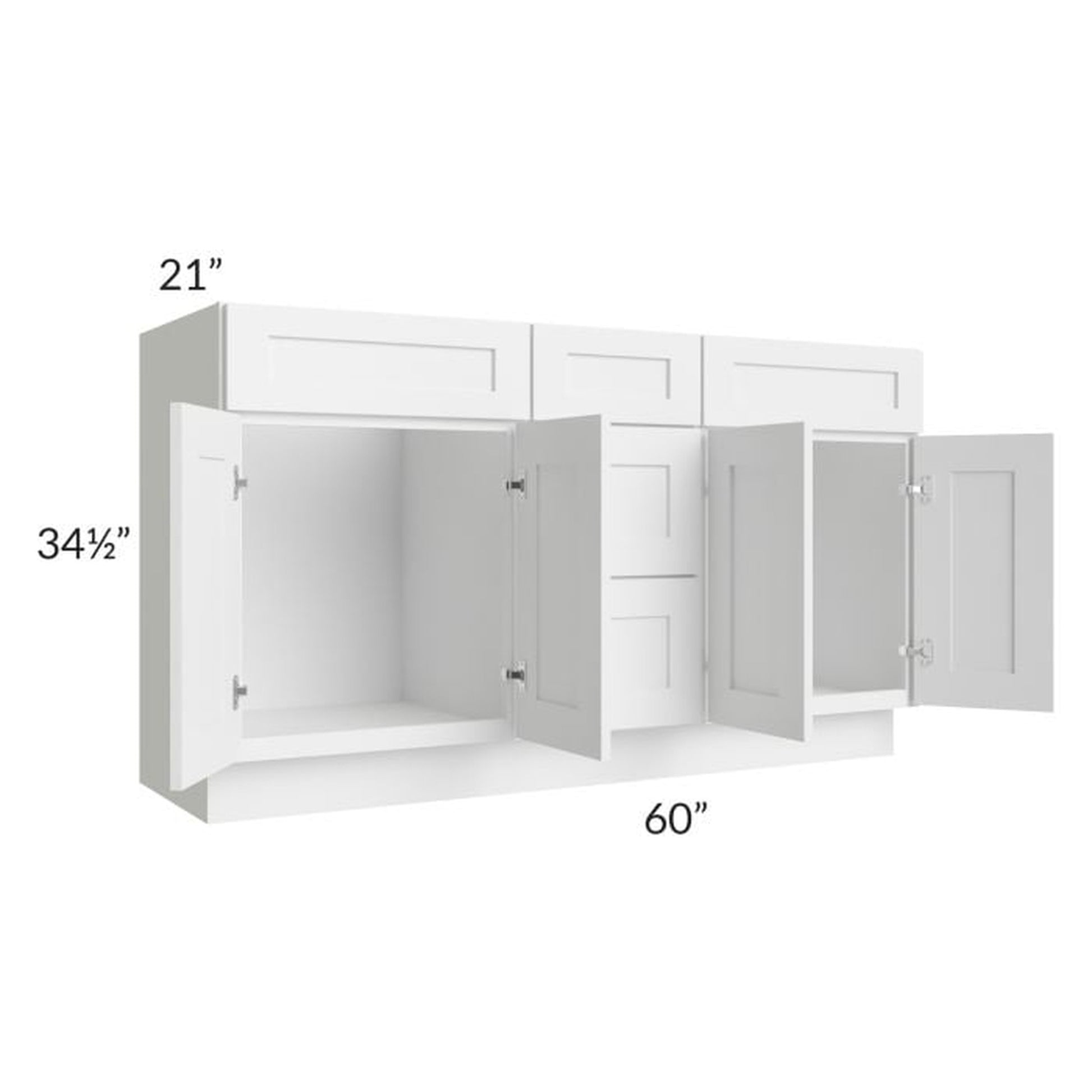 RTA Frosted White Shaker 60" Vanity Sink Base Cabinet with 3 Drawers and 1 Decorative End Panel