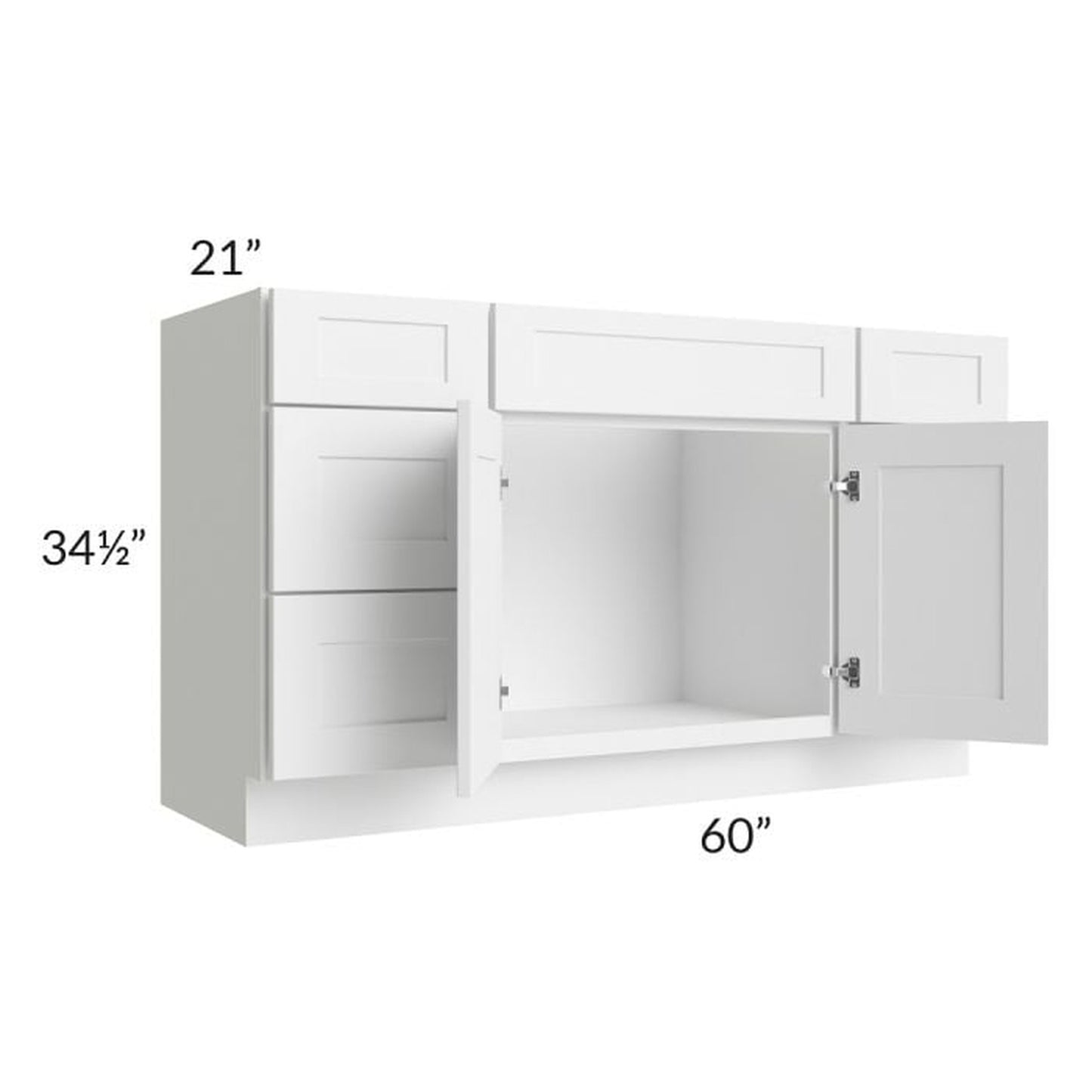 RTA Frosted White Shaker 60" Vanity Sink Base Cabinet with 6 Drawers and 1 Decorative End Panel