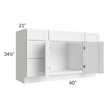 RTA Frosted White Shaker 60" Vanity Sink Base Cabinet with 6 Drawers and 1 Decorative End Panel