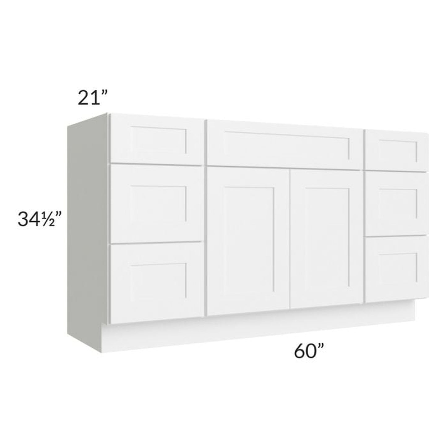 RTA Frosted White Shaker 60" Vanity Sink Base Cabinet with 6 Drawers and 2 Decorative End Panels