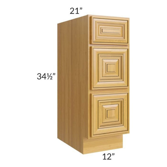 RTA Glazed Praline 12" Vanity Three Drawer Base Cabinet