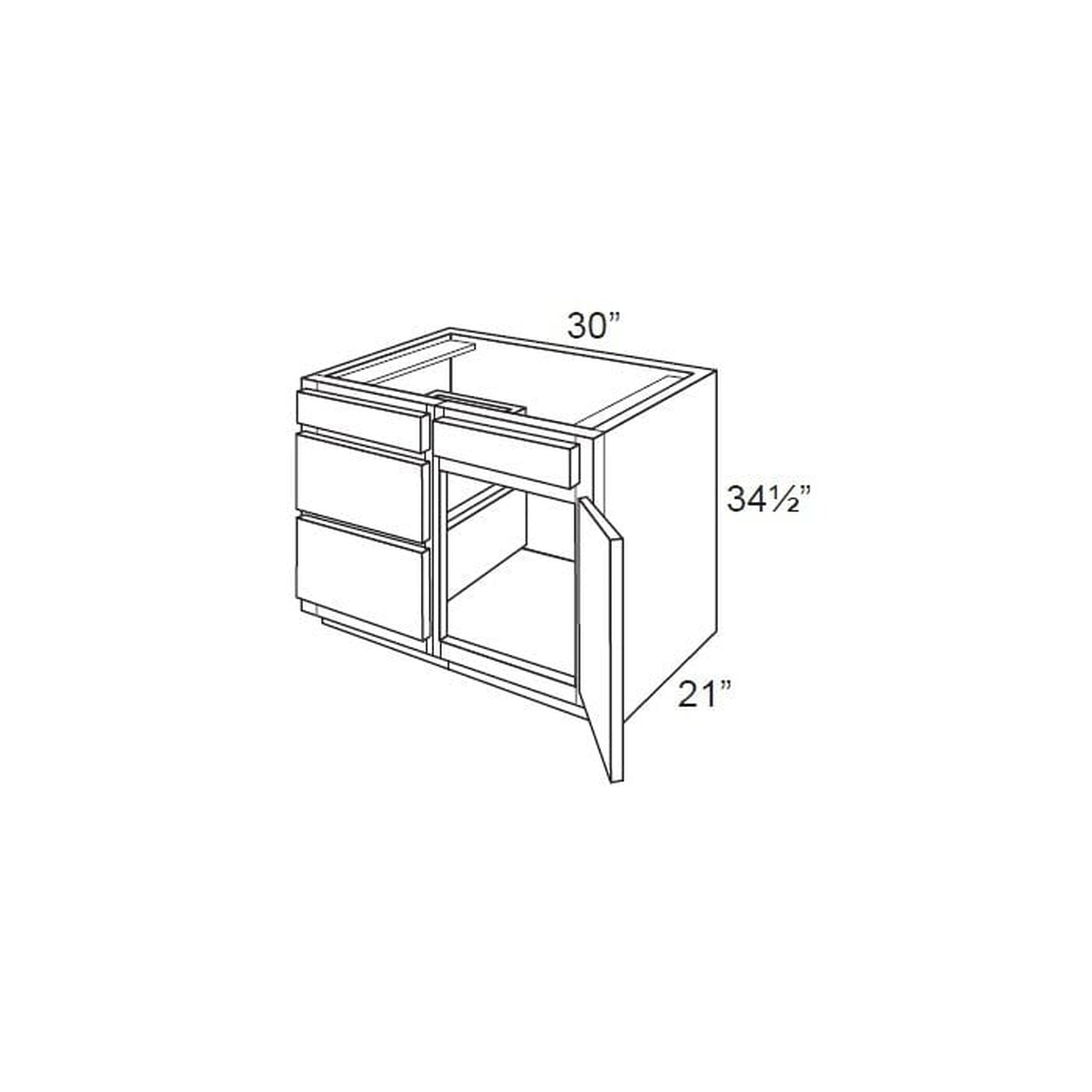 RTA Lakewood White 30" Vanity Base Cabinet (Drawers on Left) with 2 Decorative End Panels