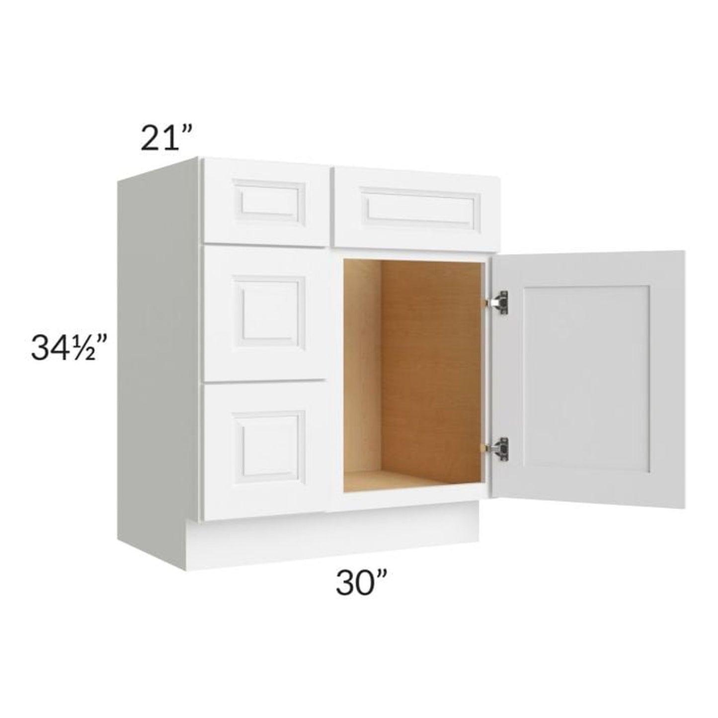 RTA Lakewood White 30" Vanity Base Cabinet (Drawers on Left) with 2 Decorative End Panels