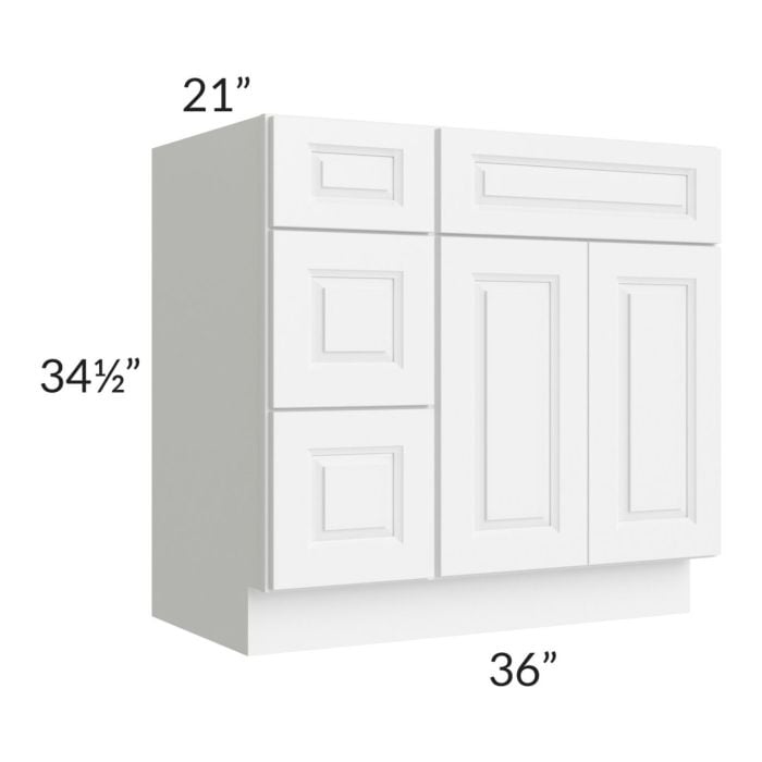 RTA Lakewood White 36" Vanity Base Cabinet (Drawers on Left) with 2 Decorative End Panels