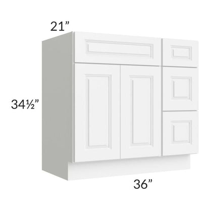 RTA Lakewood White 36" Vanity Base Cabinet (Drawers on Right) with 2 Decorative End Panels