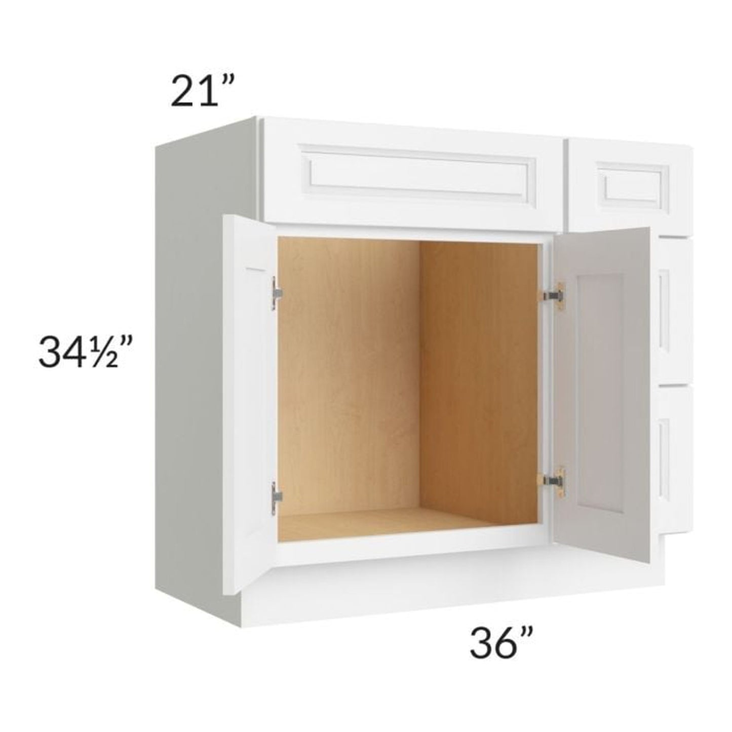 RTA Lakewood White 36" Vanity Base Cabinet (Drawers on Right) with 2 Decorative End Panels