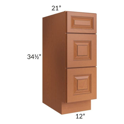 RTA Lexington Cinnamon Glaze 12" Vanity 3-Drawer Base Cabinet with 2 Decorative End Panels