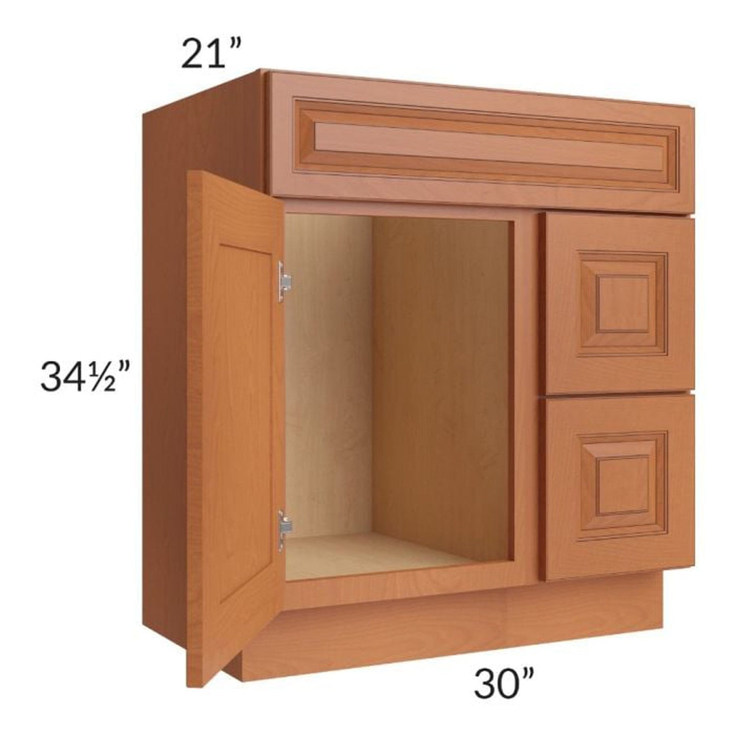 RTA Lexington Cinnamon Glaze 30" x 21" Vanity Sink Base Cabinet (Door on Left) with 1 Decorative End Panel