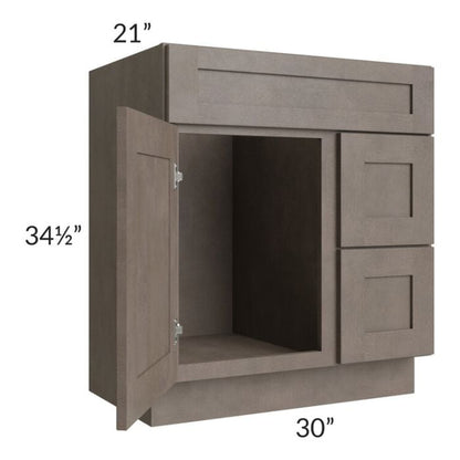 RTA Natural Grey Shaker 30" Bathroom Vanity with 2 Drawers on Right