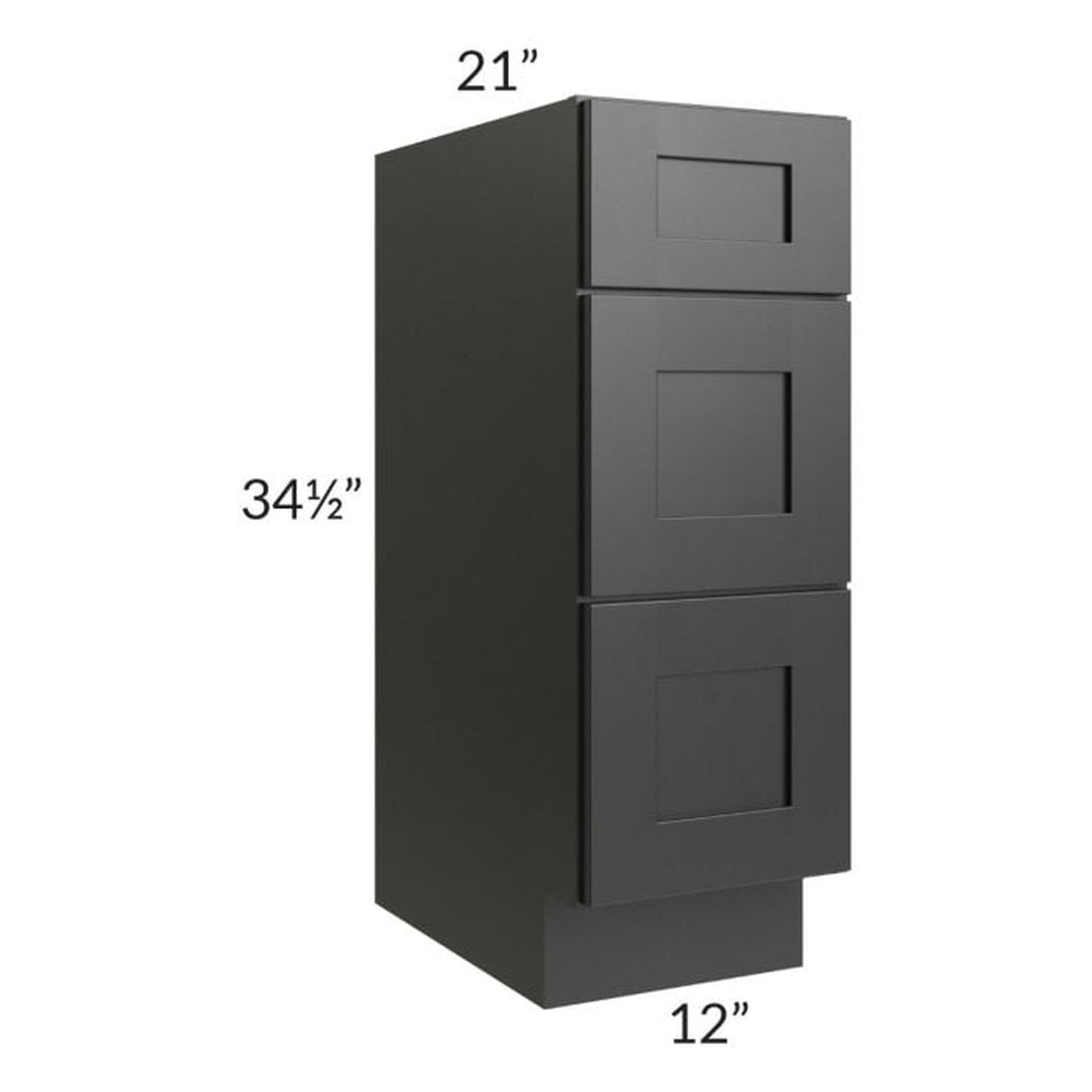 RTA Onyx Black Shaker 12" Vanity Three Drawer Base Cabinet with 1 Decorative End Panel