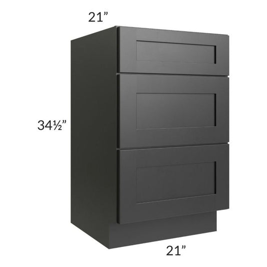 RTA Onyx Black Shaker 21" Vanity Three Drawer Base Cabinet with 1 Decorative End Panel