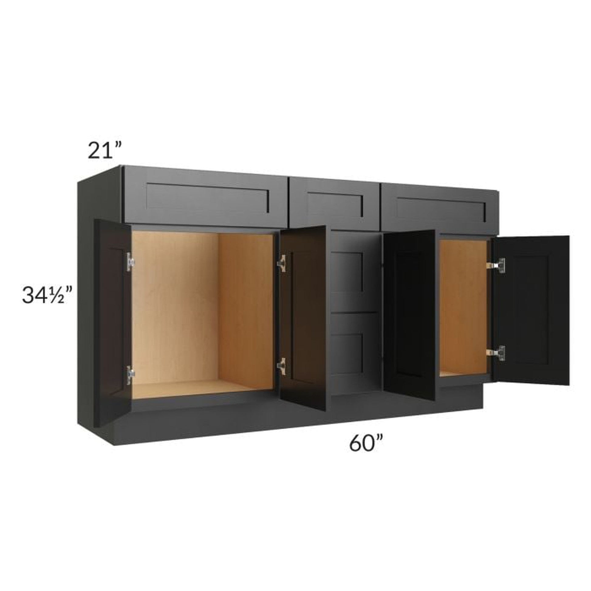 RTA Onyx Black Shaker 60" 3-Drawer 2-Set Door Vanity Sink Base Cabinet with 2 Decorative End Panels