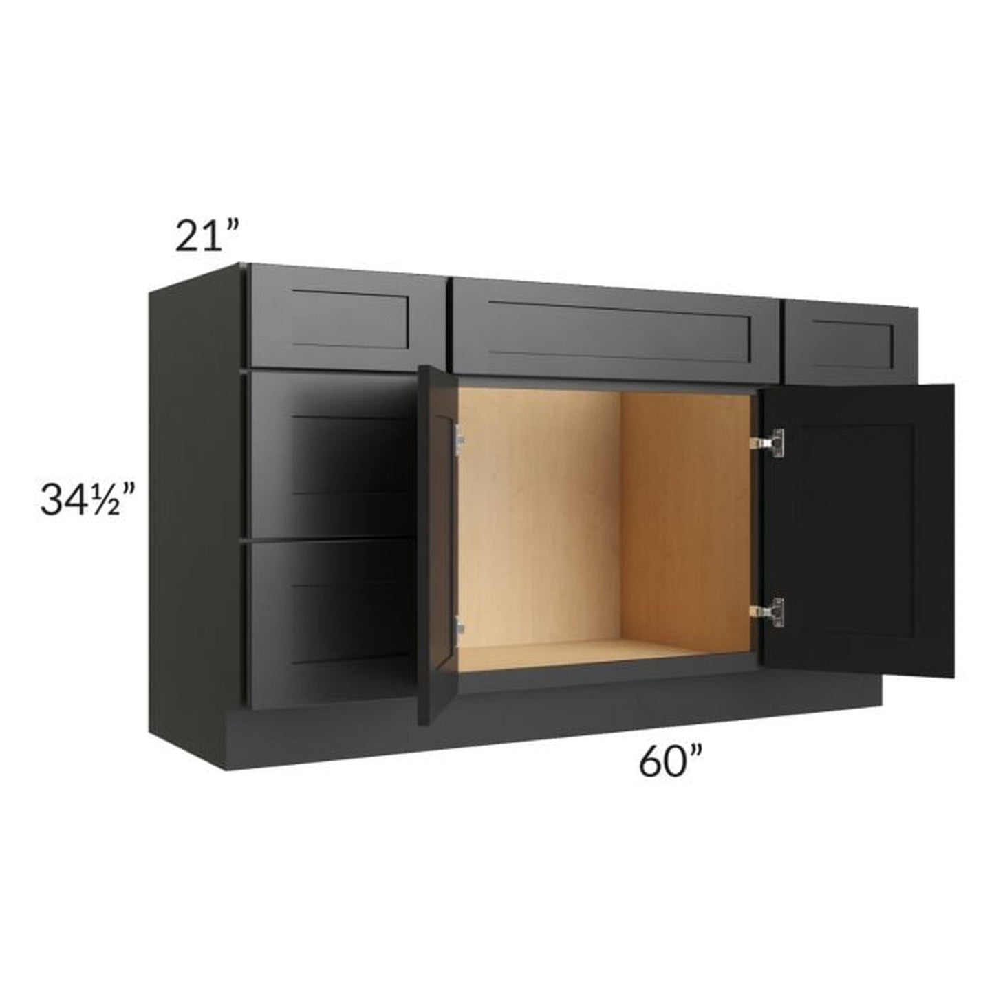 RTA Onyx Black Shaker 60" 6-Drawer 2-Door Vanity Sink Base Cabinet with 1 Decorative End Panel