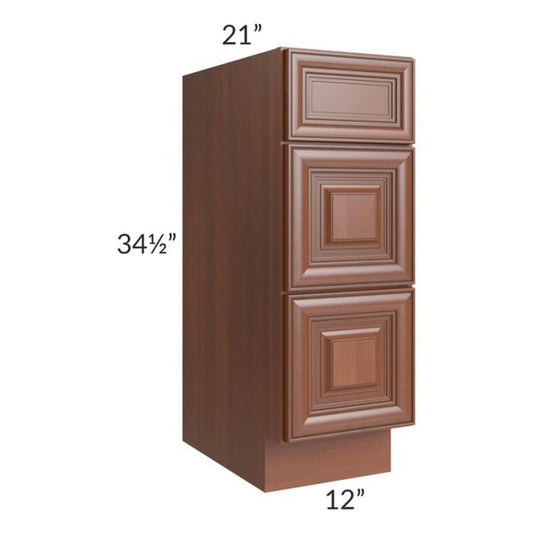 RTA Phoenix Caramel Glaze 12" Vanity 3-Drawer Base Cabinet with 1 Decorative End Panel