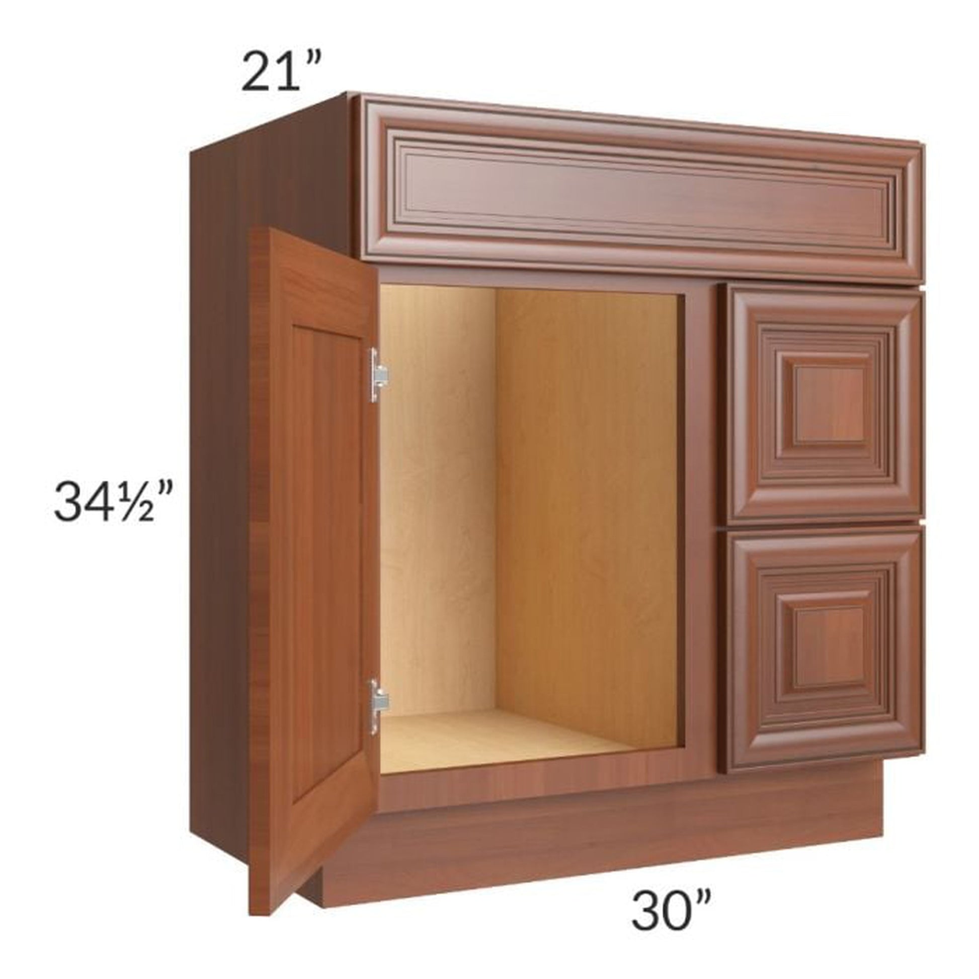 RTA Phoenix Caramel Glaze 30" x 21" Vanity Sink Base Cabinet (Door on Left) with 1 Decorative End Panel