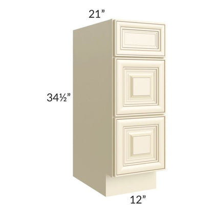 RTA Phoenix Cream Glaze 12" Vanity 3-Drawer Base Cabinet with 2 Decorative End Panels