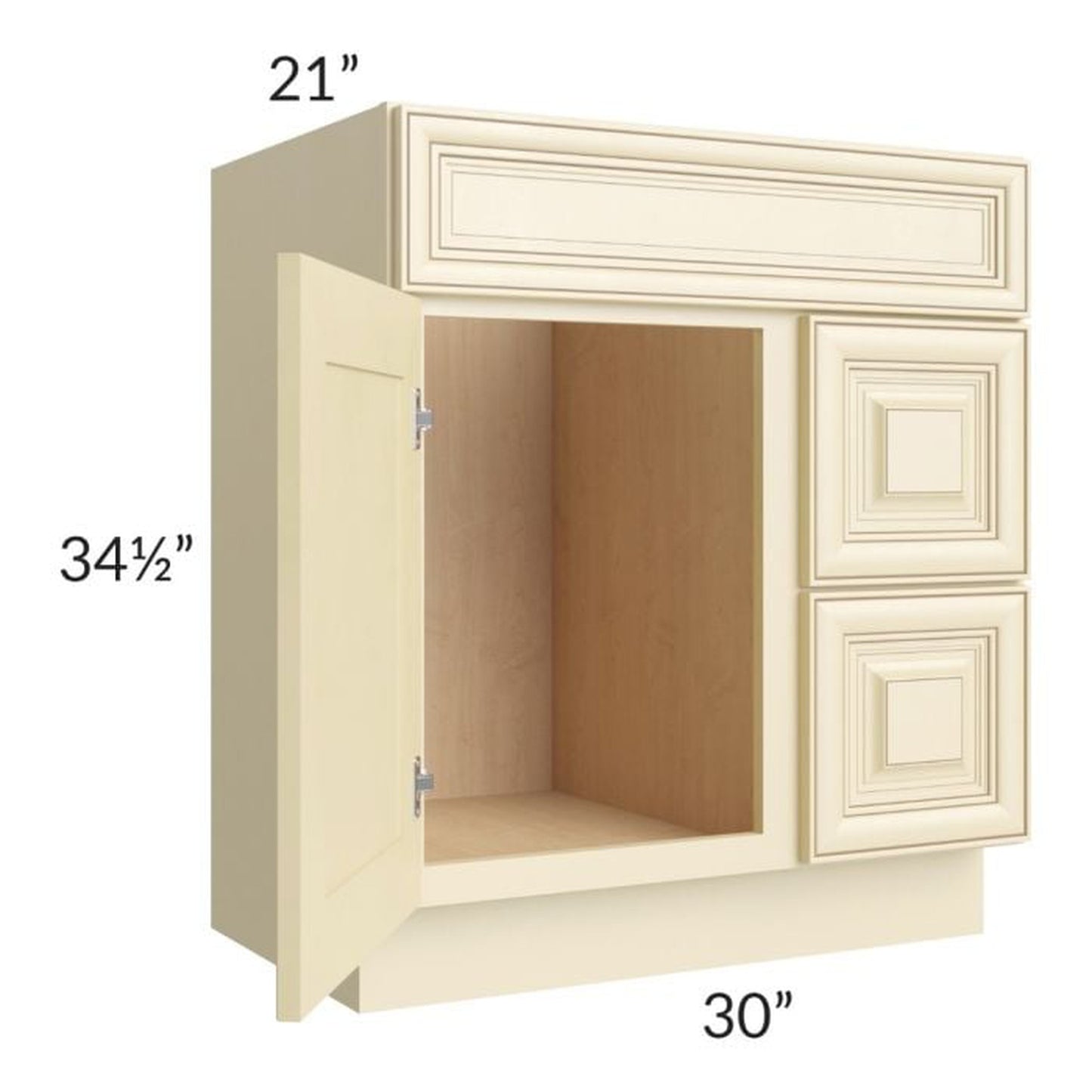 RTA Phoenix Cream Glaze 30" x 21" Vanity Sink Base Cabinet (Door on Left) with 1 Decorative End Panel