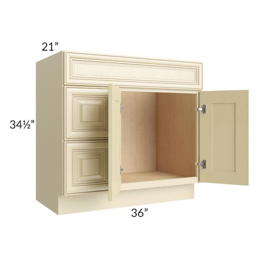 RTA Phoenix Cream Glaze 36" x 21" Vanity Sink Base Cabinet (Doors on Right) with 1 Decorative End Panel