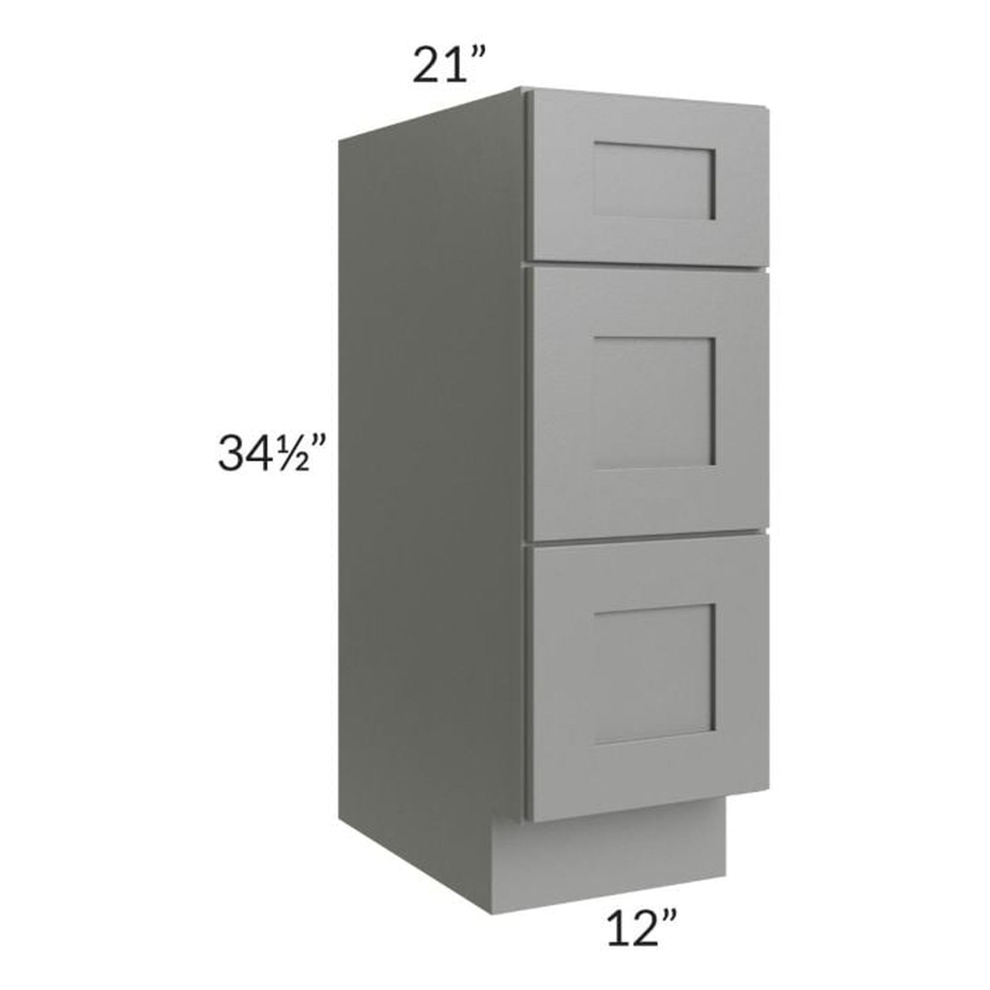 RTA Shale Grey Shaker 12" Vanity Three Drawer Base Cabinet with 1 Decorative End Panel