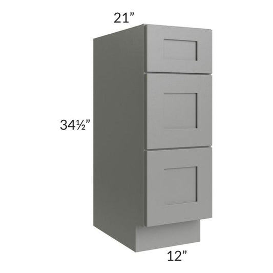 RTA Shale Grey Shaker 12" Vanity Three Drawer Base Cabinet with 2 Decorative End Panels