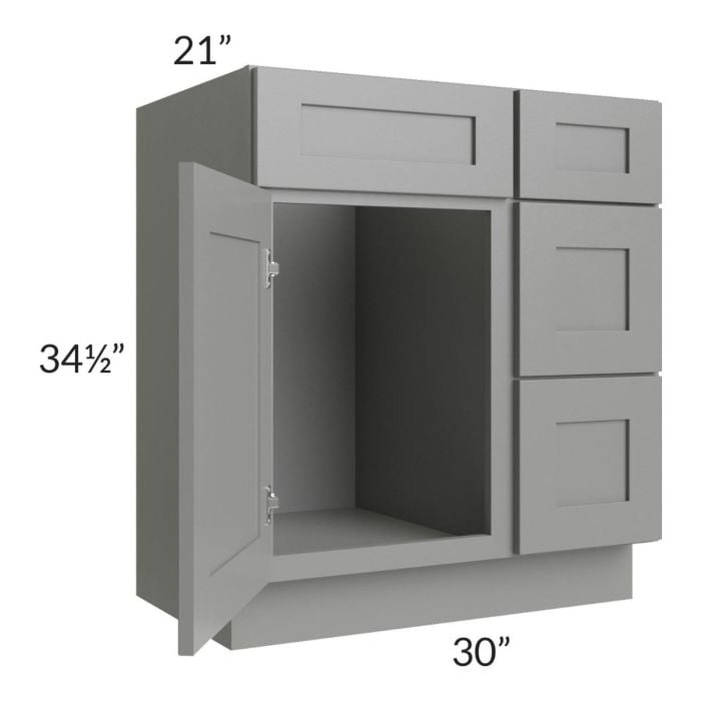 RTA Shale Grey Shaker 30" Vanity Sink Base Cabinet (Drawers on Right) with 2 Decorative End Panels