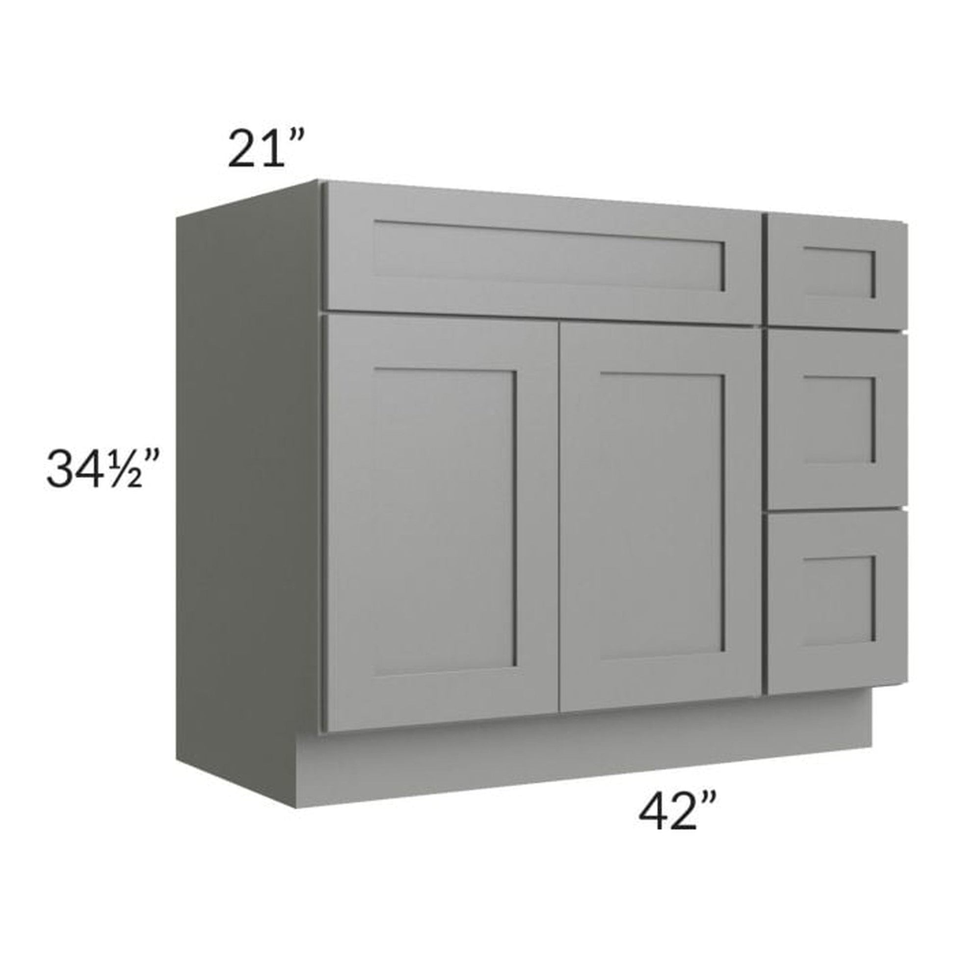 RTA Shale Grey Shaker 42" Vanity Sink Base Cabinet (Drawers on Right) with 2 Decorative End Panels