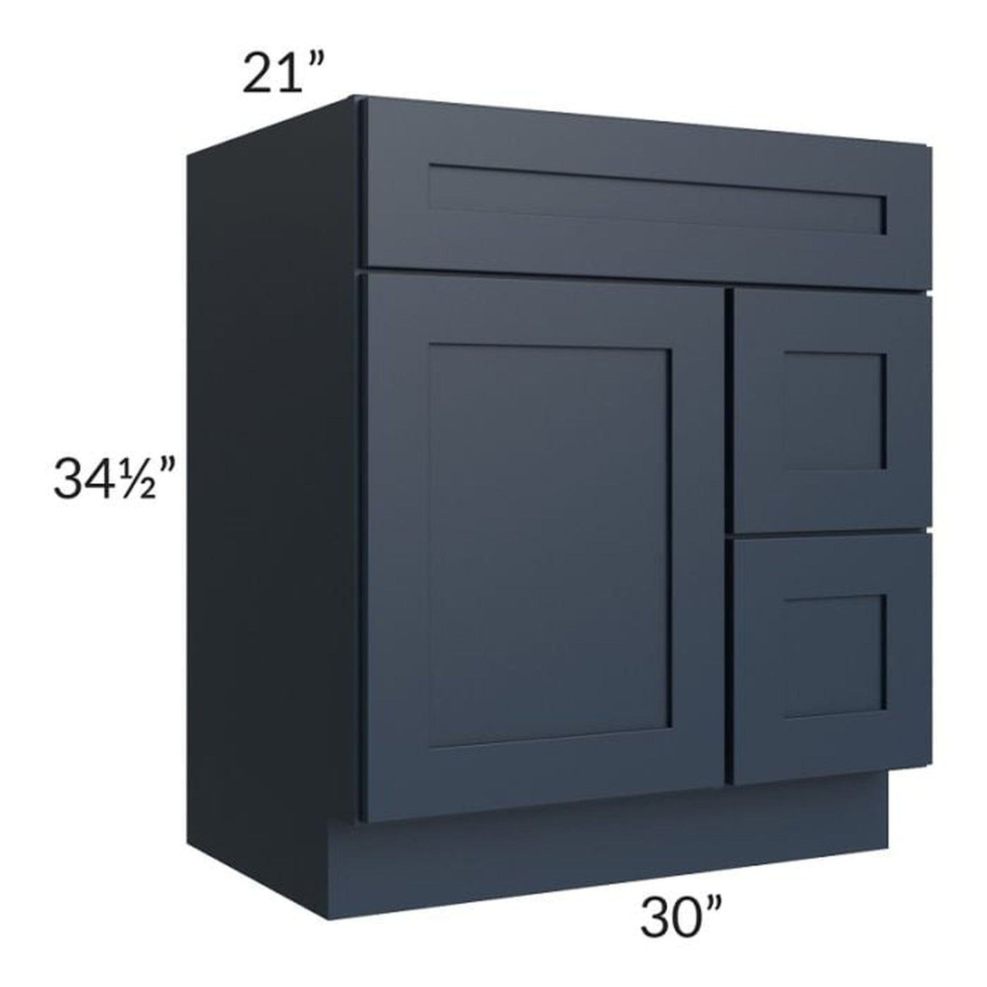 RTA Southport Blue Shaker 30" x 21" Vanity Sink Base Cabinet (Door on Left) with 1 Decorative End Panel