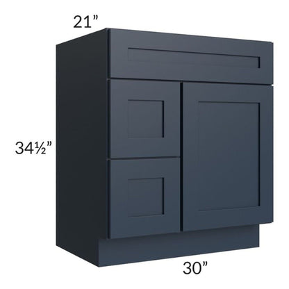 RTA Southport Blue Shaker 30" x 21" Vanity Sink Base Cabinet (Door on Right) with 1 Decorative End Panel