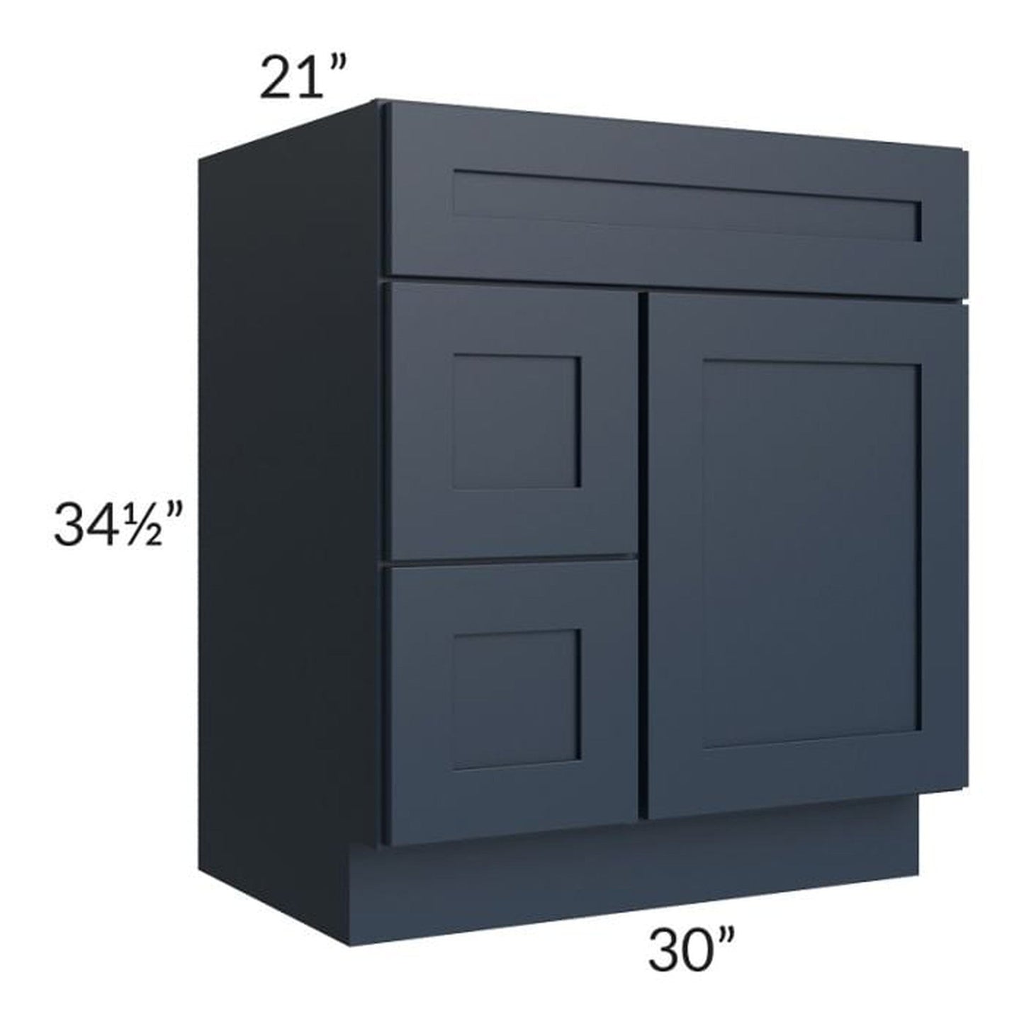 RTA Southport Blue Shaker 30" x 21" Vanity Sink Base Cabinet (Door on Right) with 2 Decorative End Panels