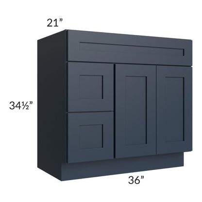 RTA Southport Blue Shaker 36" x 21" Vanity Sink Base Cabinet (Doors on Right) with 1 Decorative End Panel