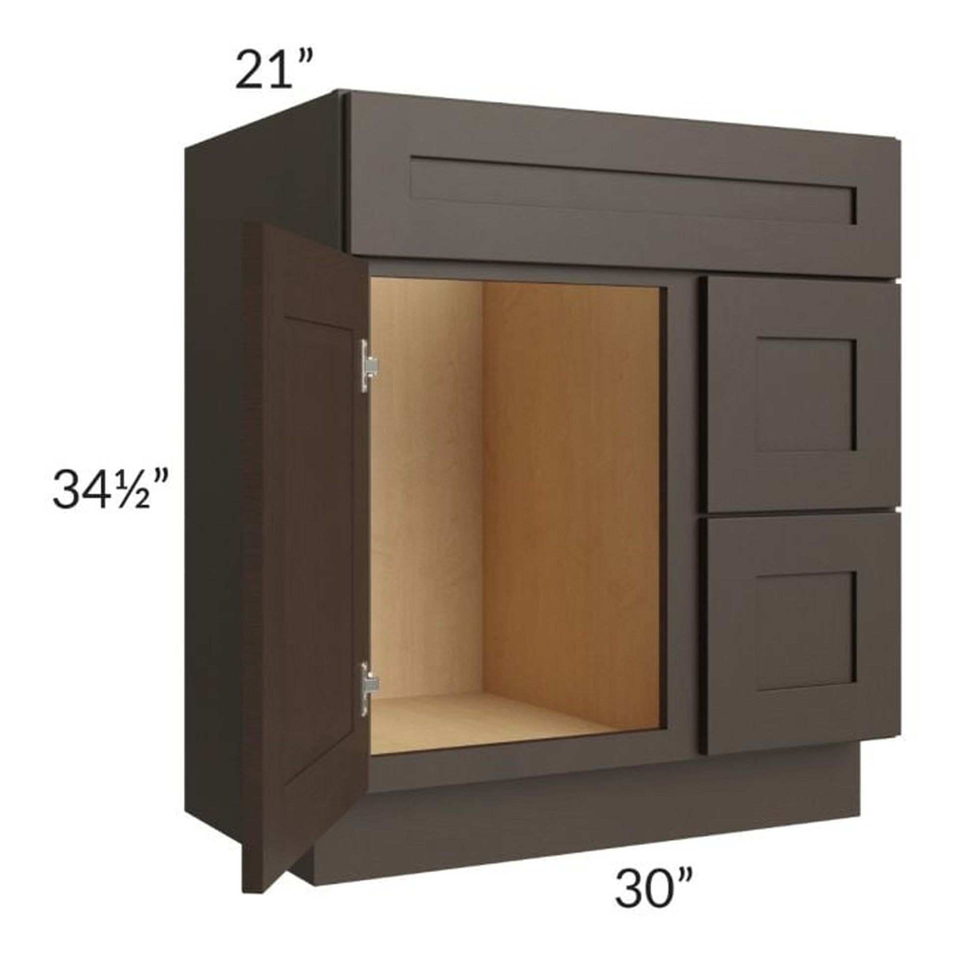 RTA Southport Espresso Shaker 30" x 21" Vanity Sink Base Cabinet (Door on Left) with 1 Decorative End Panel