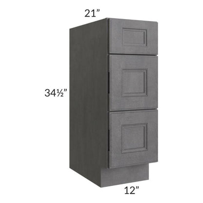 RTA Stone Grey 12" Vanity Three Drawer Base Cabinet with 1 Decorative End Panel