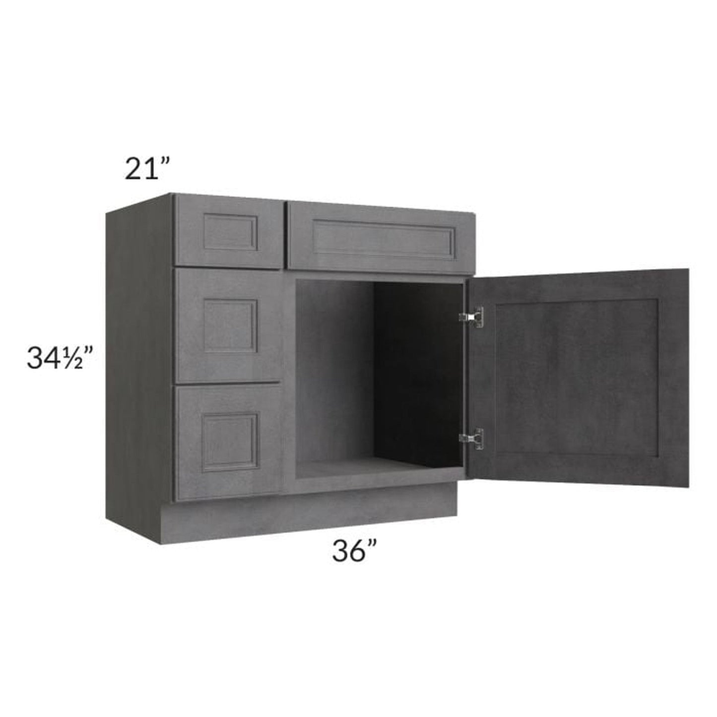 RTA Stone Grey 36" Vanity Sink Base Cabinet (Drawers on Left) with 1 Decorative End Panel