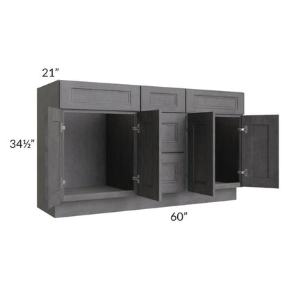 RTA Stone Grey 60" 3-Drawer Vanity Sink Base Cabinet with Drawers with 1 Decorative End Panel