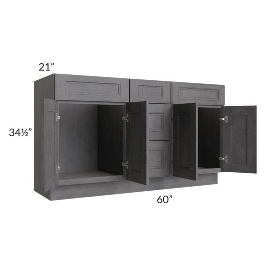 RTA Stone Grey 60" 3-Drawer Vanity Sink Base Cabinet with Drawers with 2 Decorative End Panels