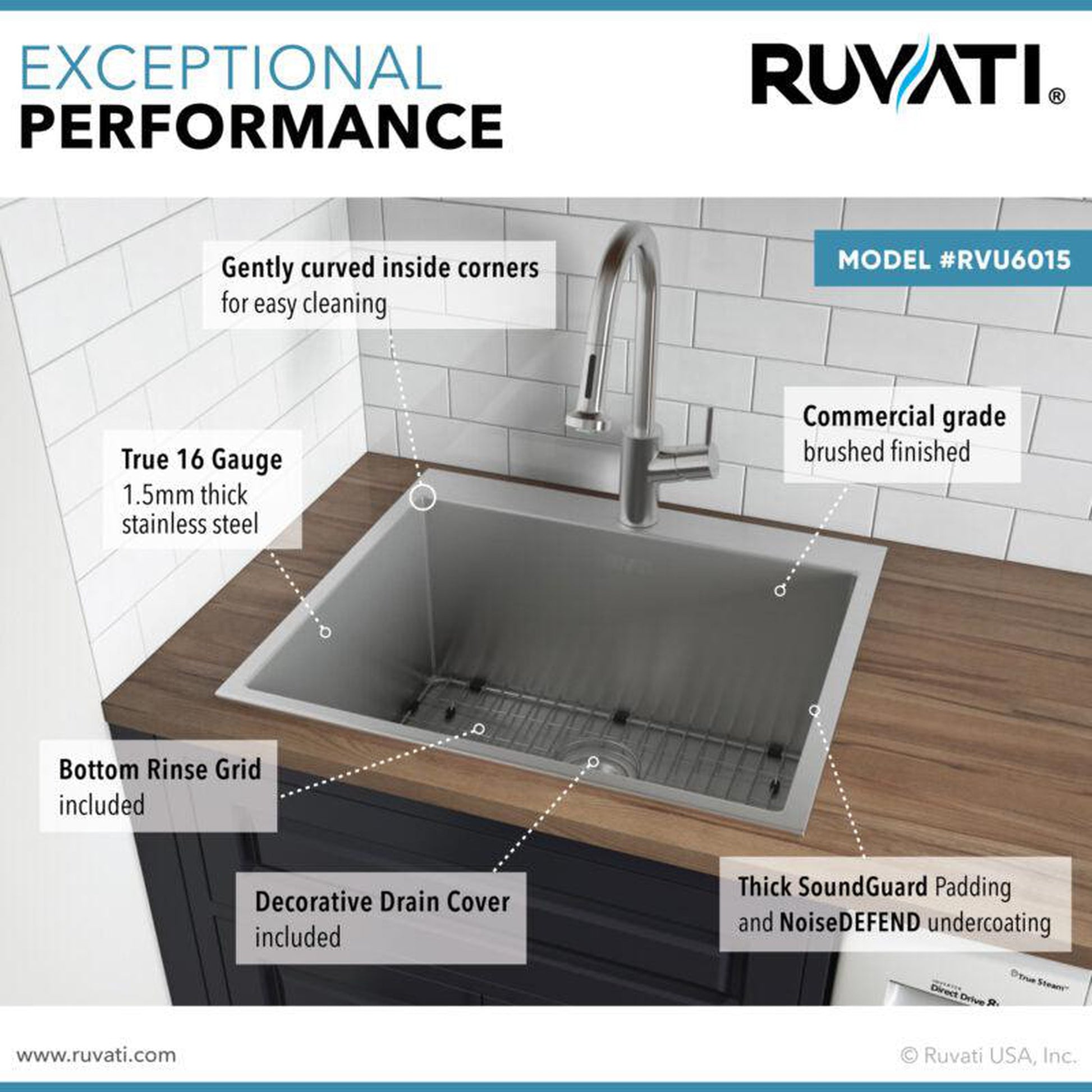 Ruvati Forma 25" x 22" Stainless Steel Rounded Corners Topmount Laundry Utility Sink