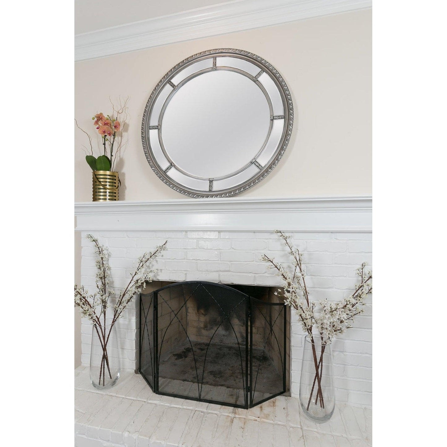 SBC Decor Augusta Circular 44" x 44" Wall-Mounted Glass Resin Accent Wall Mirror In Silver Finish