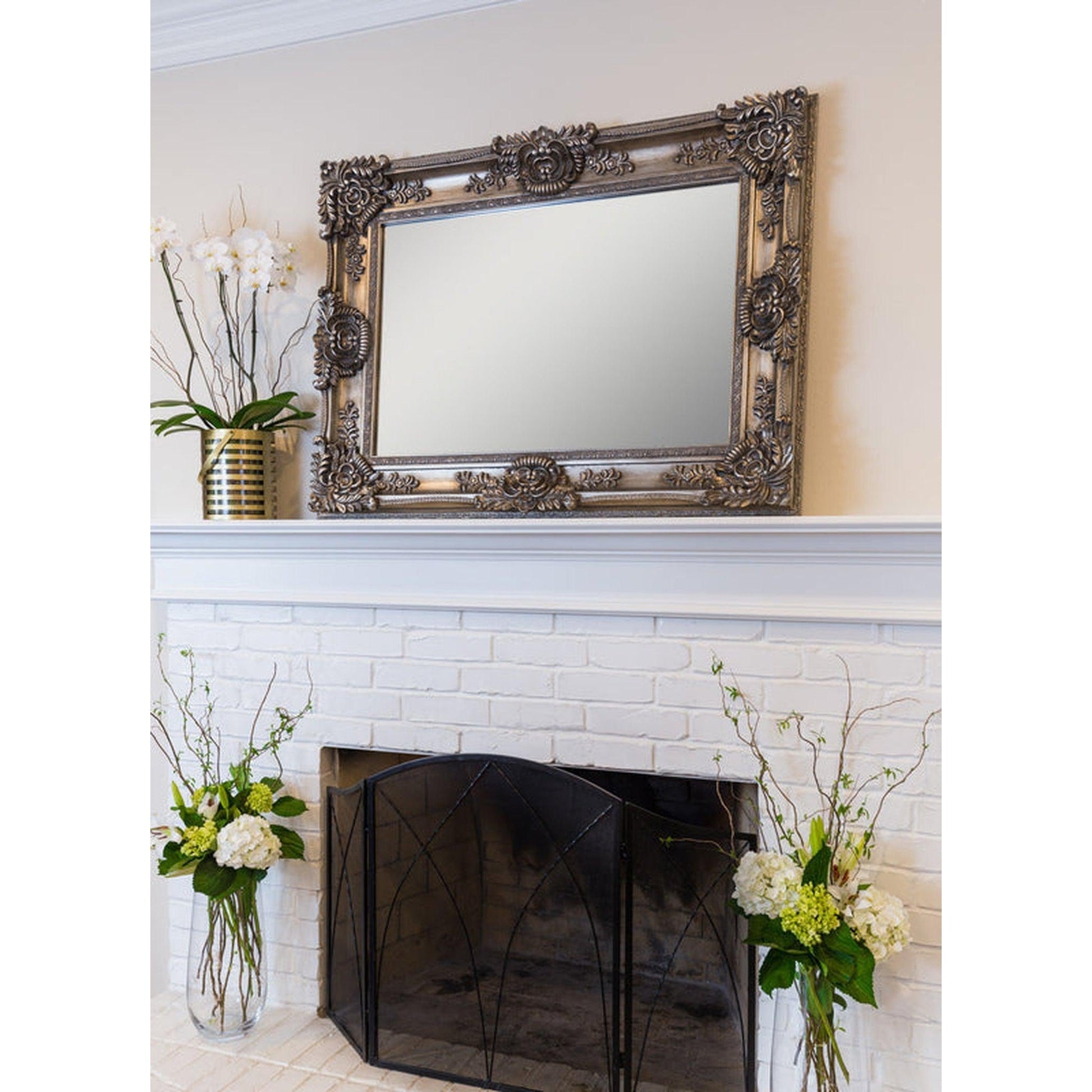 SBC Decor Mayfair Large 36" x 48" Wall-Mounted Full Length Wood Frame Dresser Wall Mirror In Antique Silver Finish
