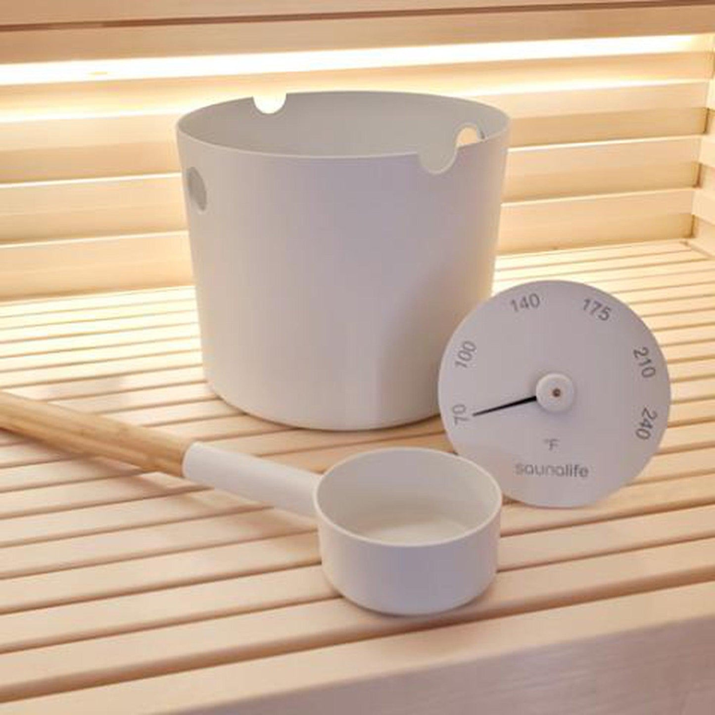 SaunaLife Aluminum 1-Gallon Sauna Bucket Set With Wood Ladle and Thermometer in White - Accessory Package 6