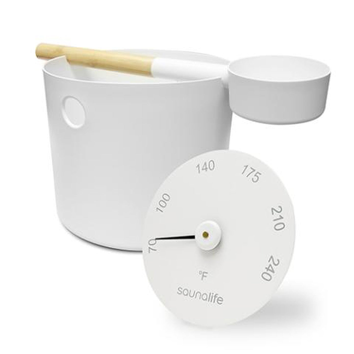 SaunaLife Aluminum 1-Gallon Sauna Bucket Set With Wood Ladle and Thermometer in White - Accessory Package 6