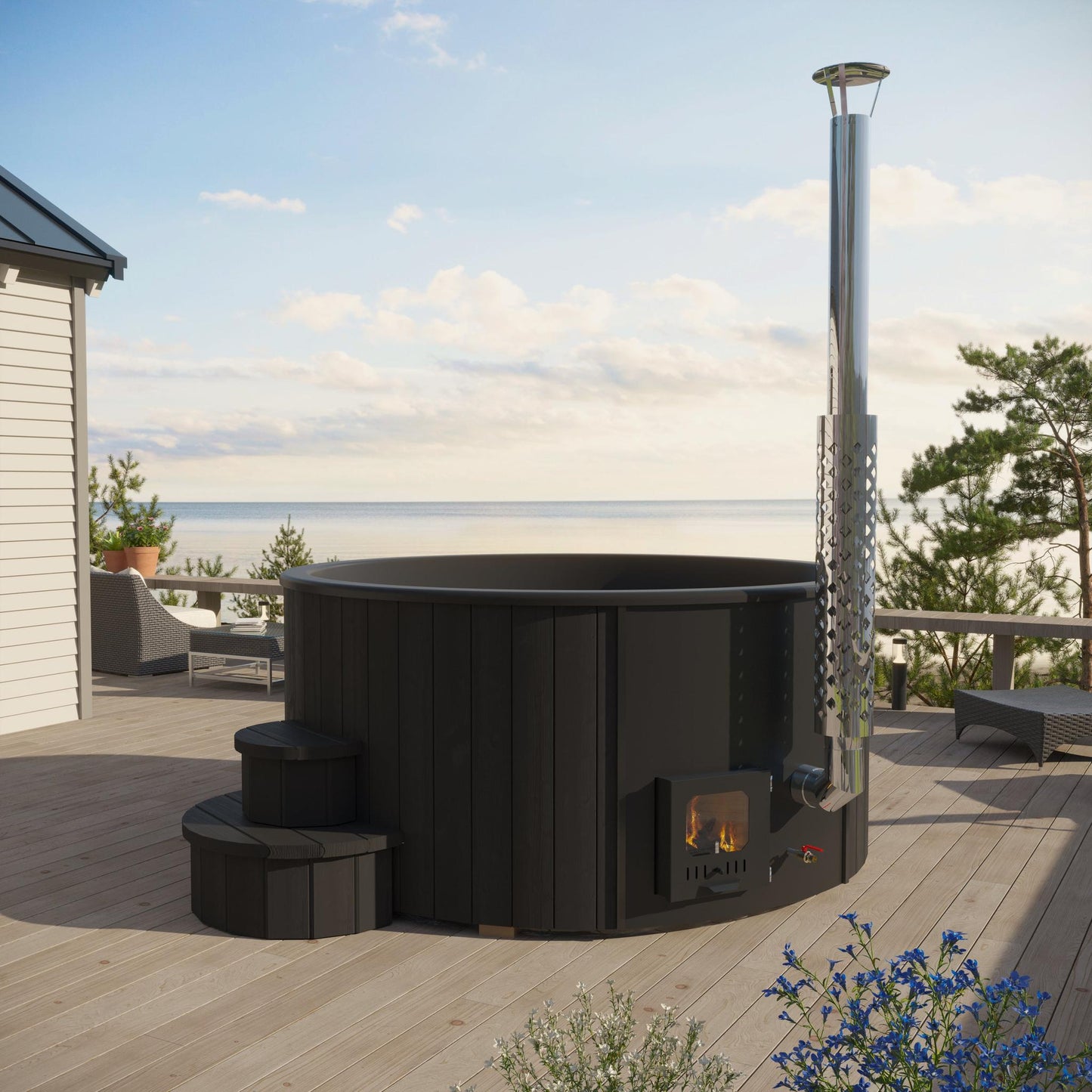 SaunaLife Soak-Series Home Model S4B Wood-Burning Hot Tub Black (Up to 6 Persons)