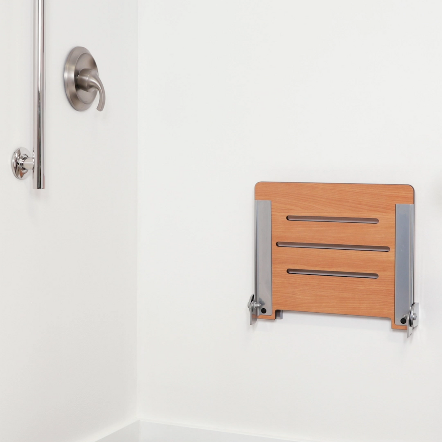 Seachrome Lifestyle & Wellness 19" Phenolic Teak Seat Top and Silver Frame Wall Mounted Silhouette Shower Seat