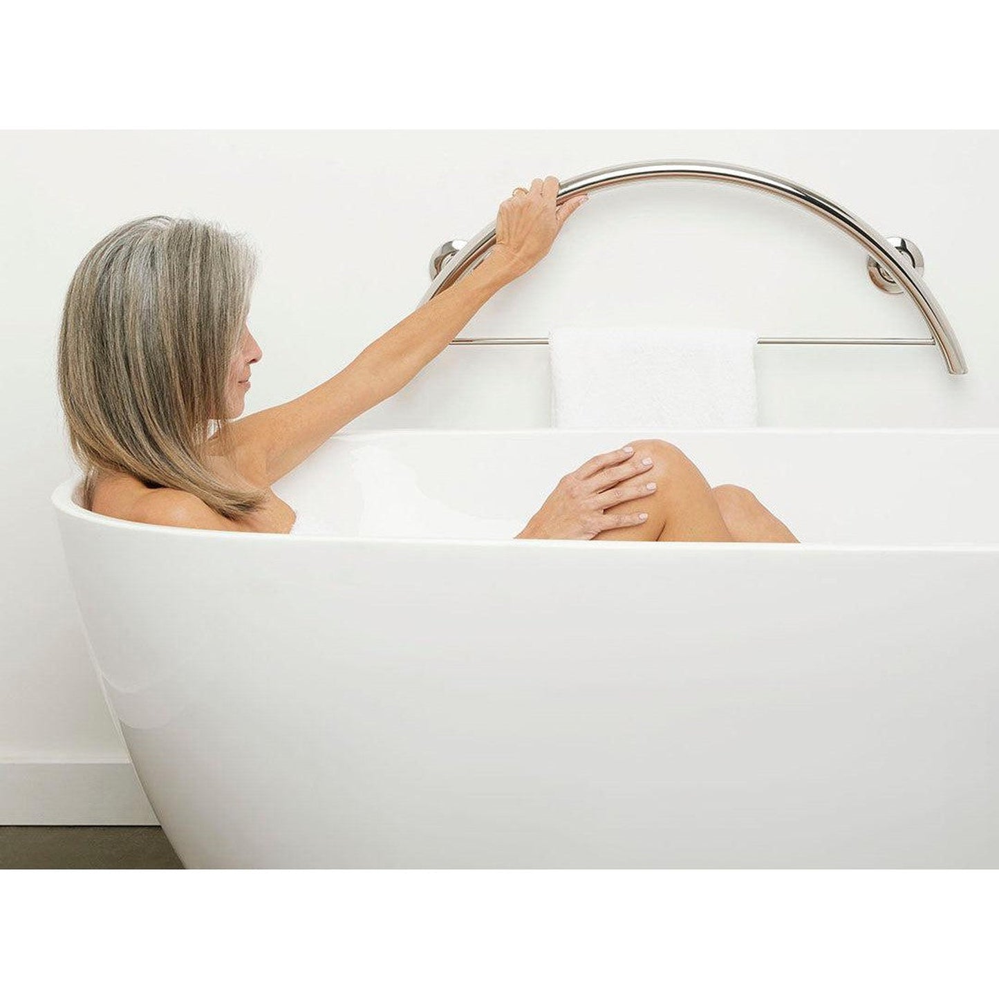 Seachrome Lifestyle & Wellness 30" Polished Stainless Steel 1.25 Diameter Concealed Flange Half Moon Bay Curved Grab Bar with Towel Bar