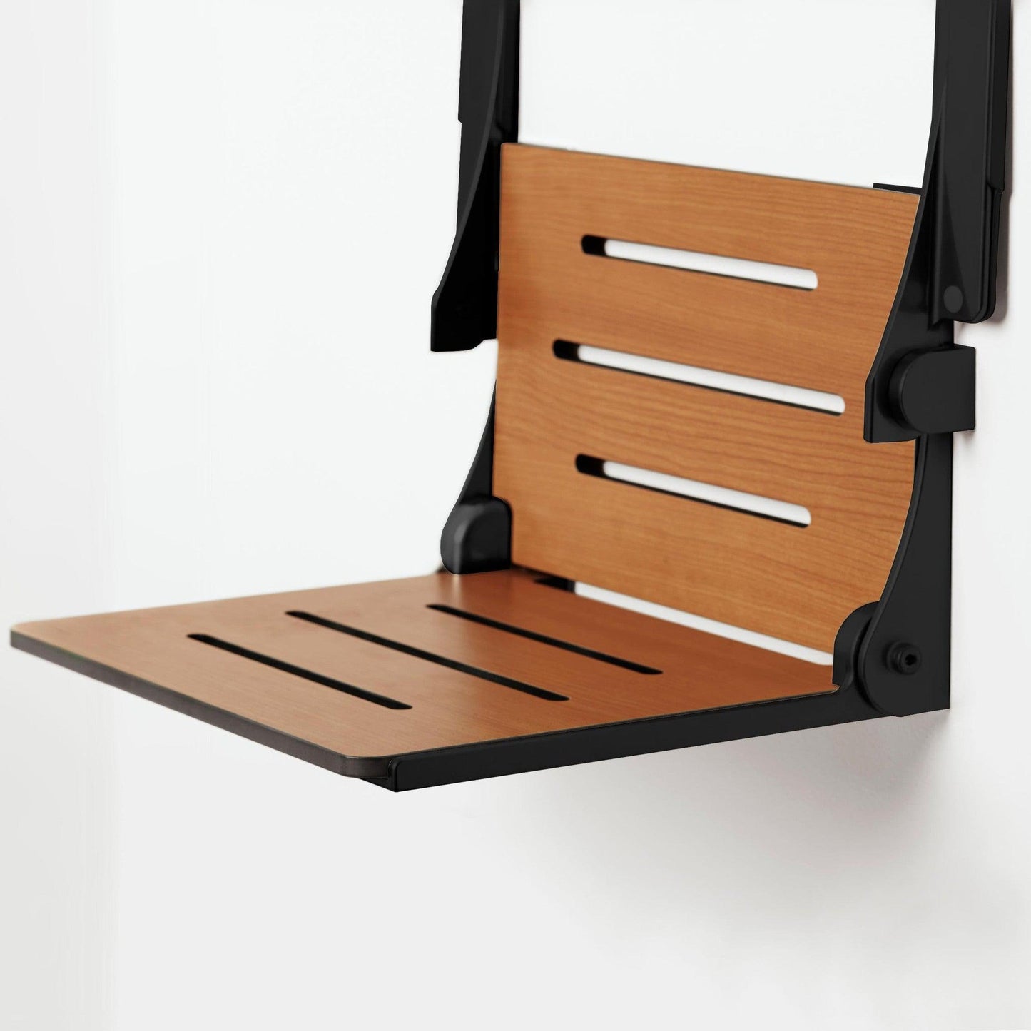 Seachrome Lifestyle & Wellness Silhouette 24" Phenolic Teak Seat Top With Matte Black Frame and Arm Pad Wall Mounted Comfort Shower Seat