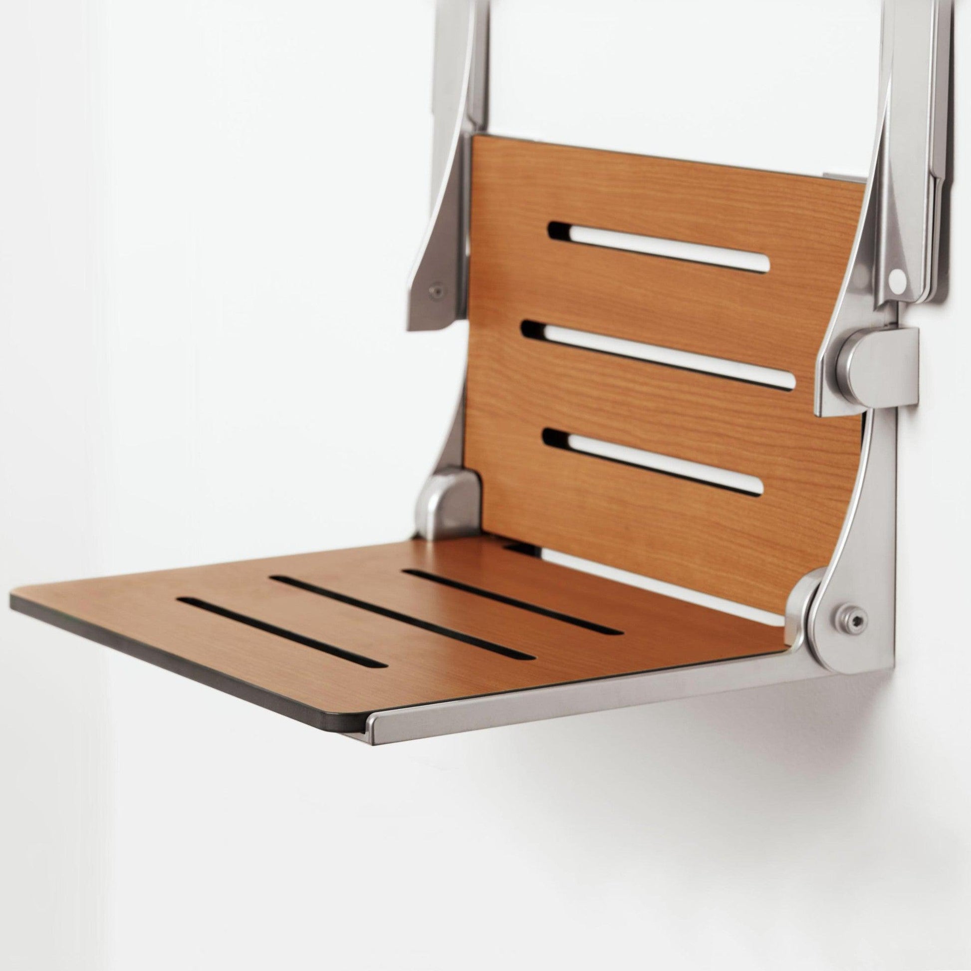 Seachrome Lifestyle & Wellness Silhouette 24" Phenolic Teak Seat Top With Silver Frame and Arm Pad Wall Mounted Comfort Shower Seat