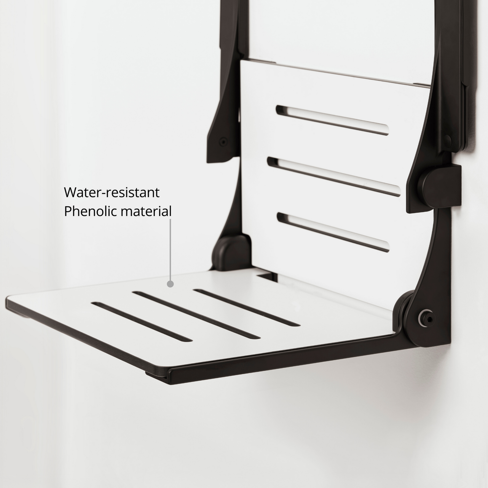 Seachrome Lifestyle & Wellness Silhouette 24" Phenolic White Seat Top With Matte Black Frame and Arm Pad Wall Mounted Comfort Shower Seat