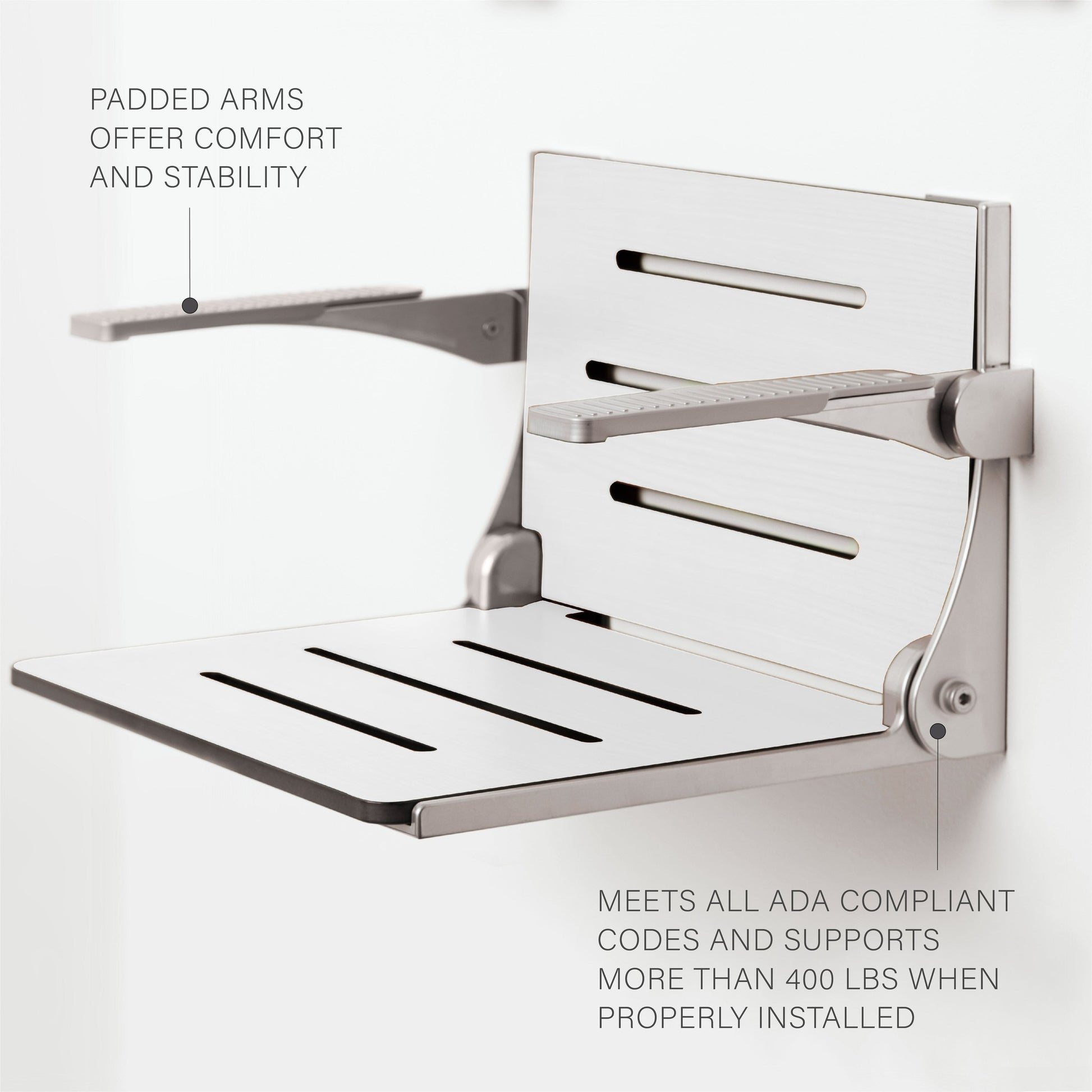 Seachrome Lifestyle & Wellness Silhouette 24" Phenolic White Seat Top With Silver Frame and Arm Pad Wall Mounted Comfort Shower Seat