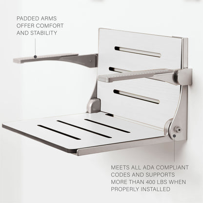 Seachrome Lifestyle & Wellness Silhouette 24" Phenolic White Seat Top With Silver Frame and Arm Pad Wall Mounted Comfort Shower Seat