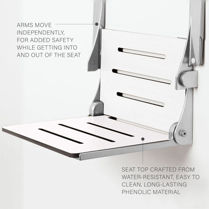 Seachrome Lifestyle & Wellness Silhouette 24" Phenolic White Seat Top With Silver Frame and Arm Pad Wall Mounted Comfort Shower Seat