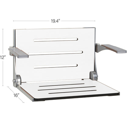 Seachrome Lifestyle & Wellness Silhouette 24" Phenolic White Seat Top With Silver Frame and Arm Pad Wall Mounted Comfort Shower Seat